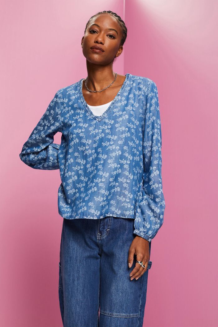 patterned chambray blouse, TENCEL™ fibers - blue medium washed