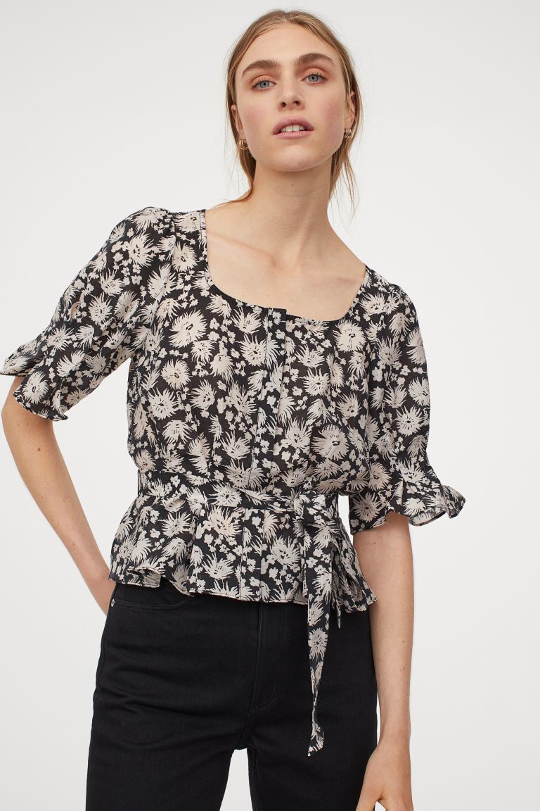 shiny blouse -black/white floral