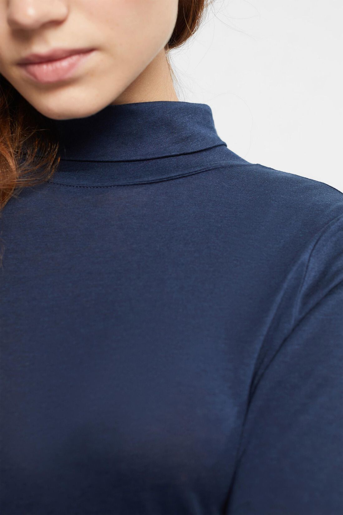 Long sleeve top with band collar, TENCEL™ fiber- navy
